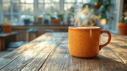 Steaming coffee mug on rustic wooden table in sunlit room.