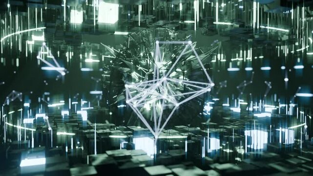 A geometric luminous sphere surrounded by platforms and lights in an abstract technological environment. Video loop seamless synchronized at 120 bmp