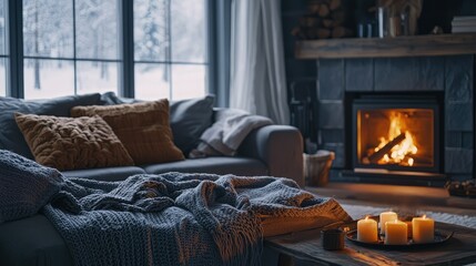 Cozy Interior Scene with Warm Fireplace and Winter View
