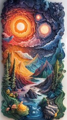 Paper cut art universe landscape illustration poster background