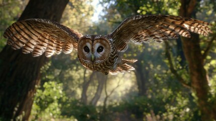 Fototapeta premium Tawny Owl in flight, captured mid-air with sharp focus on its wings and a forest clearing below