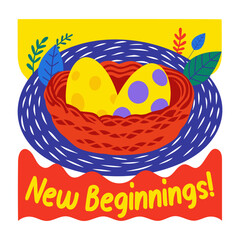 Flat sticker of a bird nest with new beginnings typography