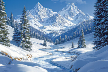 Fototapeta premium Snowy mountain valley with a winding river and pine trees.