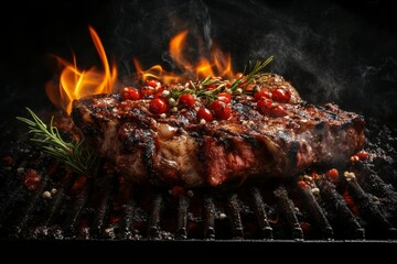 Grilled steak with cranberries and rosemary on a hot grill.