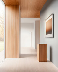 Obraz premium Modern interior with wooden accents and minimalist design in a spacious open area