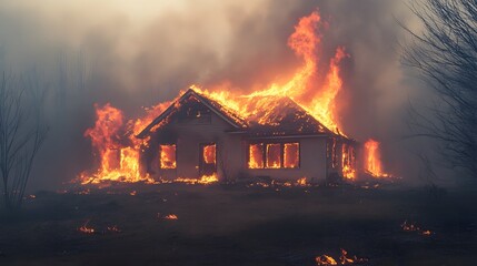Suburban Home Ablaze in Flickering Flames,Hazy Atmosphere,and Muted Colors
