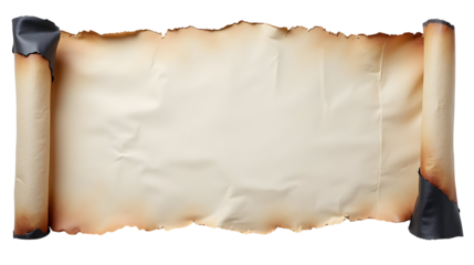 Unfurled secrets: An aged parchment scroll, edges singed, whispers tales of forgotten times, inviting exploration of its mysterious past., cut out