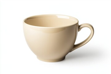 Empty beige ceramic teacup with handle isolated on white.