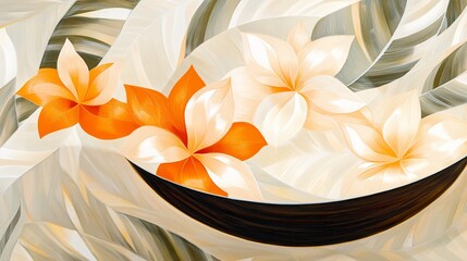 Orange and white plumeria flowers in a dark bowl on a leaf background.