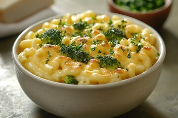 Creamy mac and cheese with broccoli, a comforting and delicious meal.