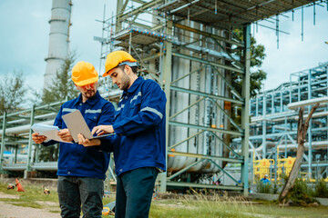 Two engineer working Industry in oil refinery equipment Check and check the condition of the machinery system , Engineering concept.