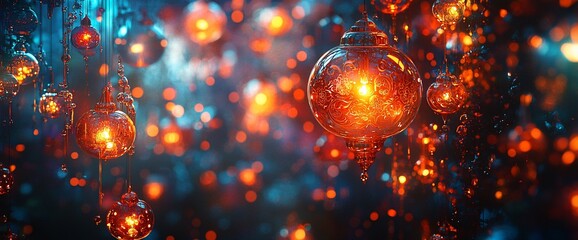 Glowing orbs hanging, creating a magical, festive ambiance.