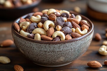 A bowl of mixed nuts and chocolate pieces. A delicious and healthy snack.
