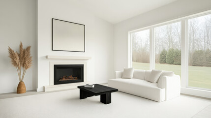Fototapeta premium Modern living room featuring a cozy fireplace and minimalist decor in a bright setting