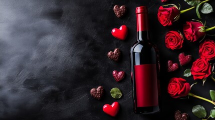 Bottle of red wine beautiful roses and heart shaped chocolate candies on black table flat lay Space for text
