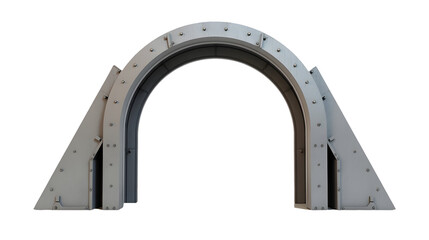 Majestic metallic archway, a gateway to mystery.  Industrial design, riveted steel.  A futuristic passage., cut out