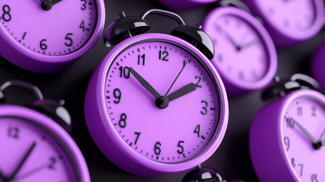 Cartoon purple clocks with black hands 3d render illustration