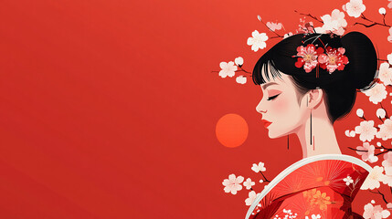 Japanese traditional culture geisha beautiful girl wearing kimono yukata illustration background
