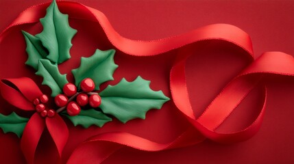 Holly berry with leaves made of plasticine Christmas red ribbon isolated Handmade plasticine merry christmas label with copy space