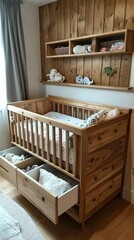 Cozy Wooden Crib with Drawers in Bright Baby Nursery Room