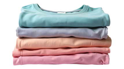 Soft pastel shirts neatly stacked, a calming visual delight.  Perfect for a minimalist wardrobe or a cozy bedroom aesthetic., cut out