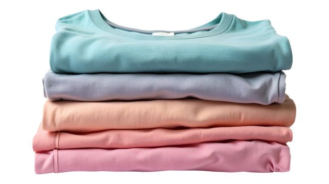 Soft pastel shirts neatly stacked, a calming visual delight.  Perfect for a minimalist wardrobe or a cozy bedroom aesthetic., cut out