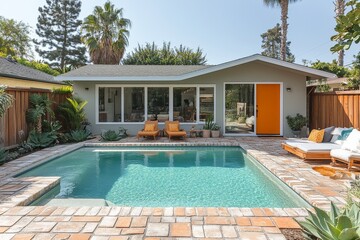 Cozy small single-story light gray beach house with orange door, brick patio, wooden fence around pool area, and back porch, California-style architecture