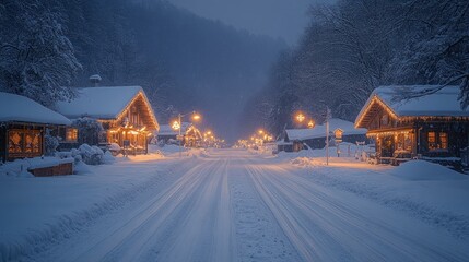 Snowy village street at night with illuminated cabins and snowfall.