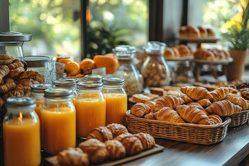 A delicious breakfast spread with fresh pastries and orange juice.