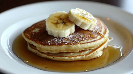 Fluffy Pancakes Topped with Sliced Bananas and Maple Syrup Drizzle