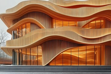 Modern wooden building with flowing, curved design.  Unique architecture with large windows.