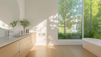 Bright and airy bathroom with large window and modern styling in a natural setting
