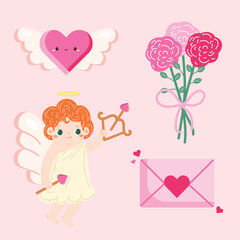 Cute Hand Drawn Cartoon Vector Cupid Angel Valentine Rose Set