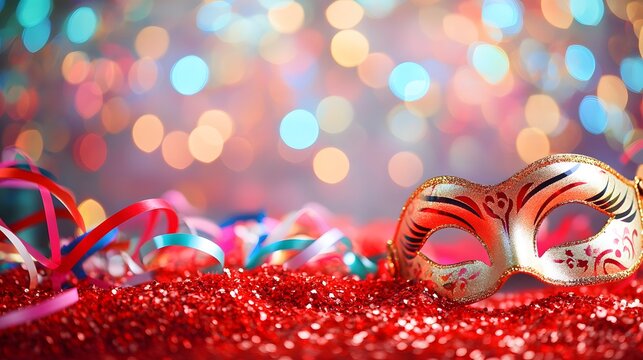 Festive masquerade mask on red glitter with ribbons