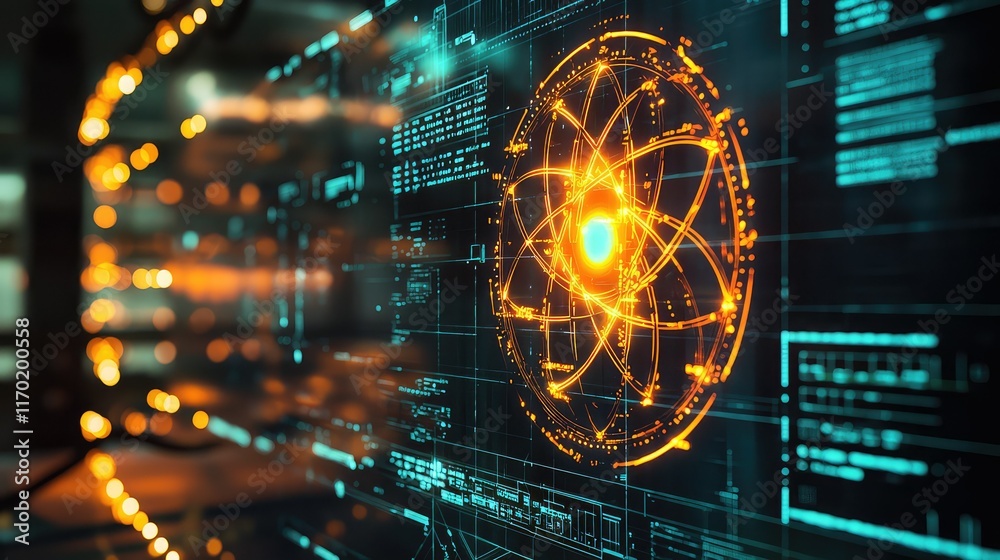 Poster futuristic digital interface with abstract atomic structure visualization