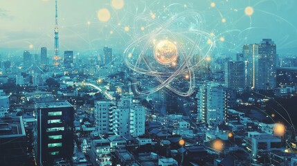 Naklejka premium Futuristic Cityscape with Abstract Atomic Structure Overlay