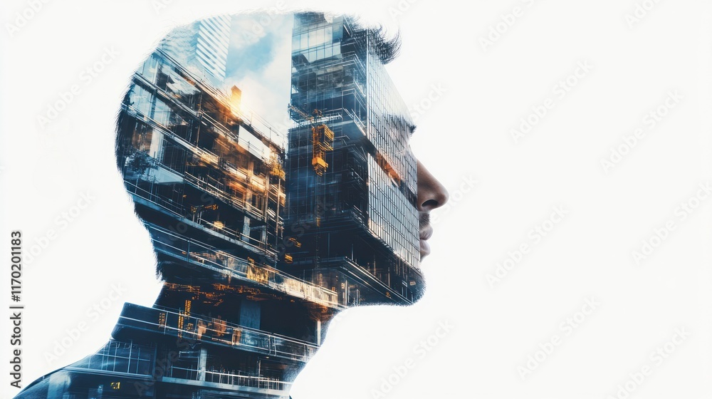 Aufkleber a double exposure image of a man's profile blended with urban architecture.