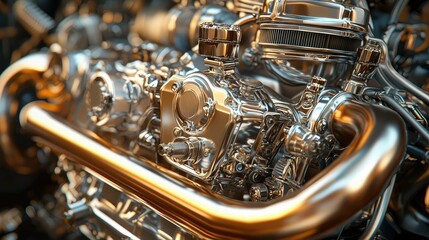 Close-up of Polished Engine Components in Mechanical Design
