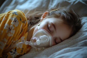 A young girl sleeping peacefully with an oxygen mask to assist her breathing. Medical oxygen is crucial in the treatment of sleep apnea.