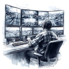 A man sits at a desk monitoring multiple screens displaying live traffic feeds.