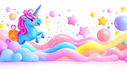 Obraz premium Cute blue unicorn prancing on colorful, sweet, candy-like clouds and waves with stars and bubbles.