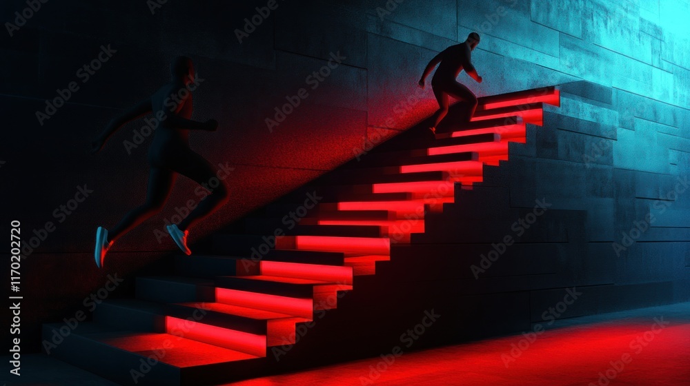 Aufkleber a dramatic scene of two figures navigating illuminated stairs in a dark environment.