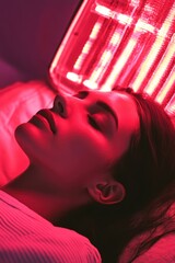 The woman is sleeping peacefully with the use of a red light therapy device.