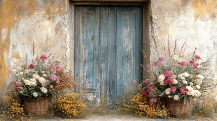 Rustic door framed by vibrant flower arrangements.