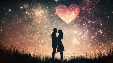 couple silhouetted against starry sky, sharing romantic moment with fireworks and heart shape above