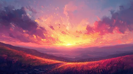 Fototapeta premium Majestic Sunset Over Rolling Hills with Vibrant Colorful Sky