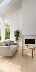 Fototapeta premium Modern living room with large windows and minimalistic decor in a bright environment