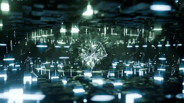 A geometric luminous sphere surrounded by platforms and lights in an abstract technological environment. Video loop seamless synchronized at 120 bmp