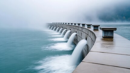 Hydroelectric dam releasing water through spillways on a foggy day, highlighting renewable energy and infrastructure.