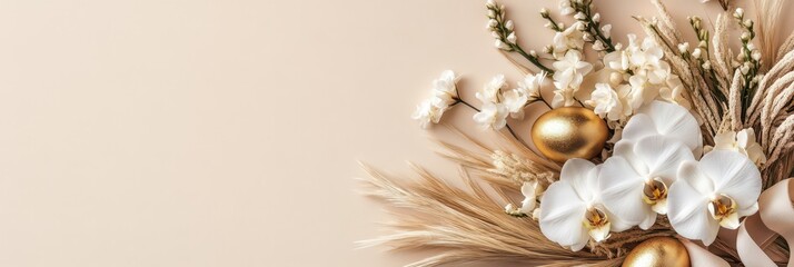 Elegant easter floral arrangement with gold accents for spring celebration and decoration. Horizontal banner. Copy space. White and gold eggs and flowers on a light beige background